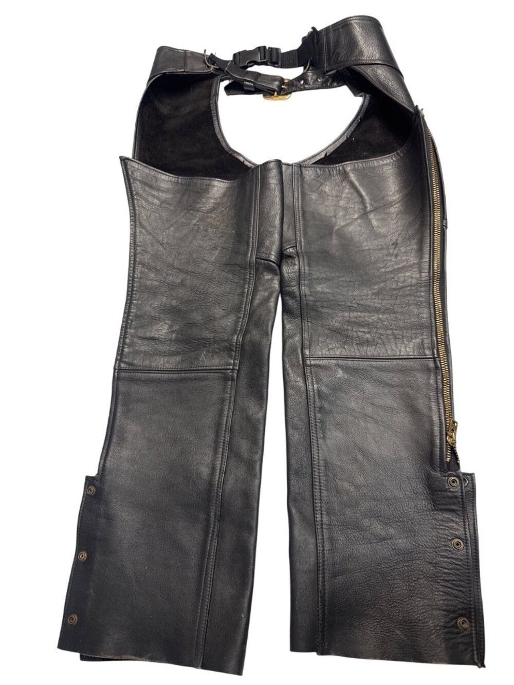 Black Leather Motorcycle Chaps With Adjustable Waist & Brass Details Made In USA - Picture 7 of 9